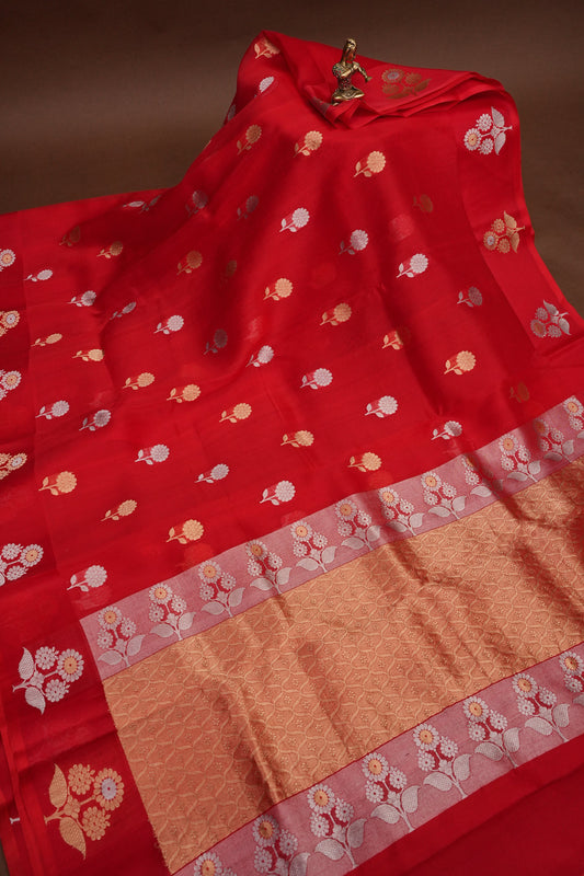 Pure Banarasi Organza(Kora) Silk Handloom Saree with Gold & Silver Zari Buttas – Vermilion Red|Silk Mark Certified