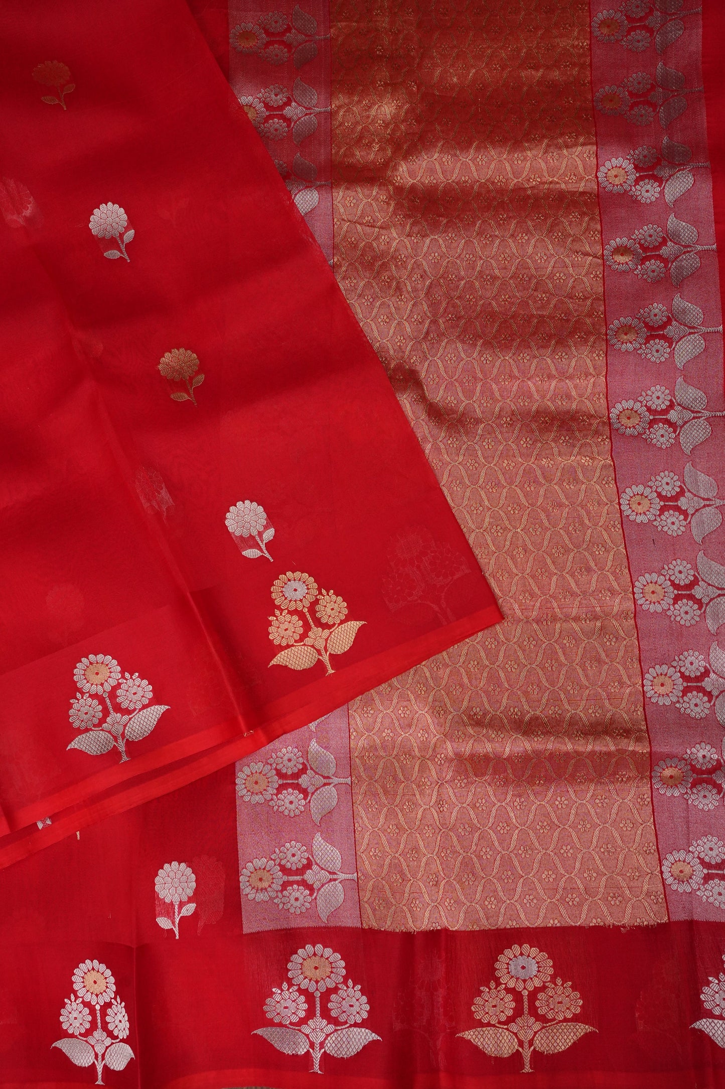 Pure Banarasi Organza(Kora) Silk Handloom Saree with Gold & Silver Zari Buttas – Vermilion Red|Silk Mark Certified