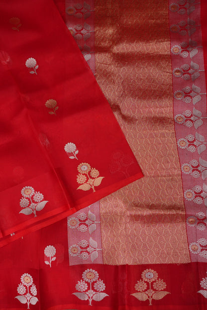Pure Banarasi Organza(Kora) Silk Handloom Saree with Gold & Silver Zari Buttas – Vermilion Red|Silk Mark Certified