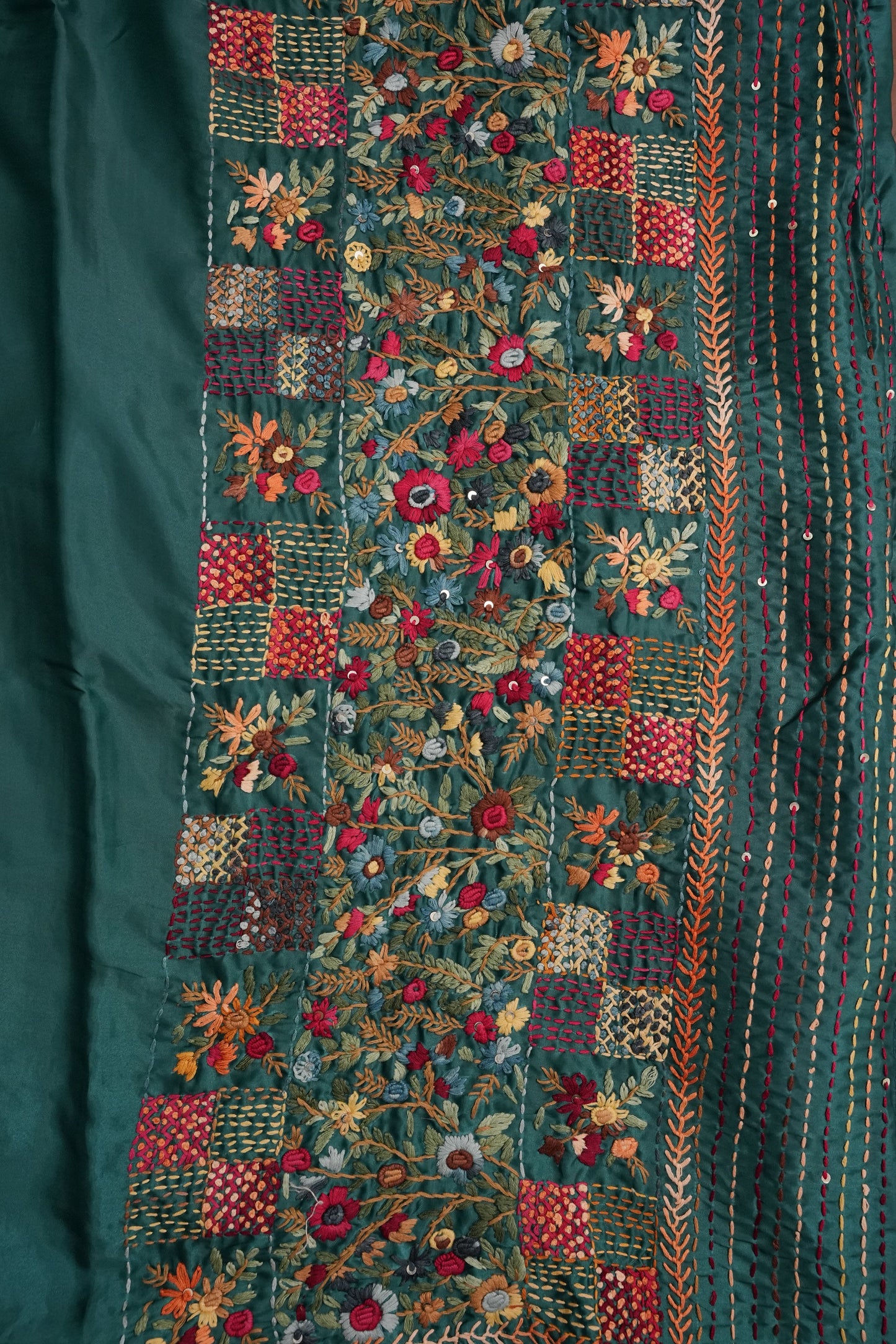 Deep Teal Green Crepe silk saree with French knot work