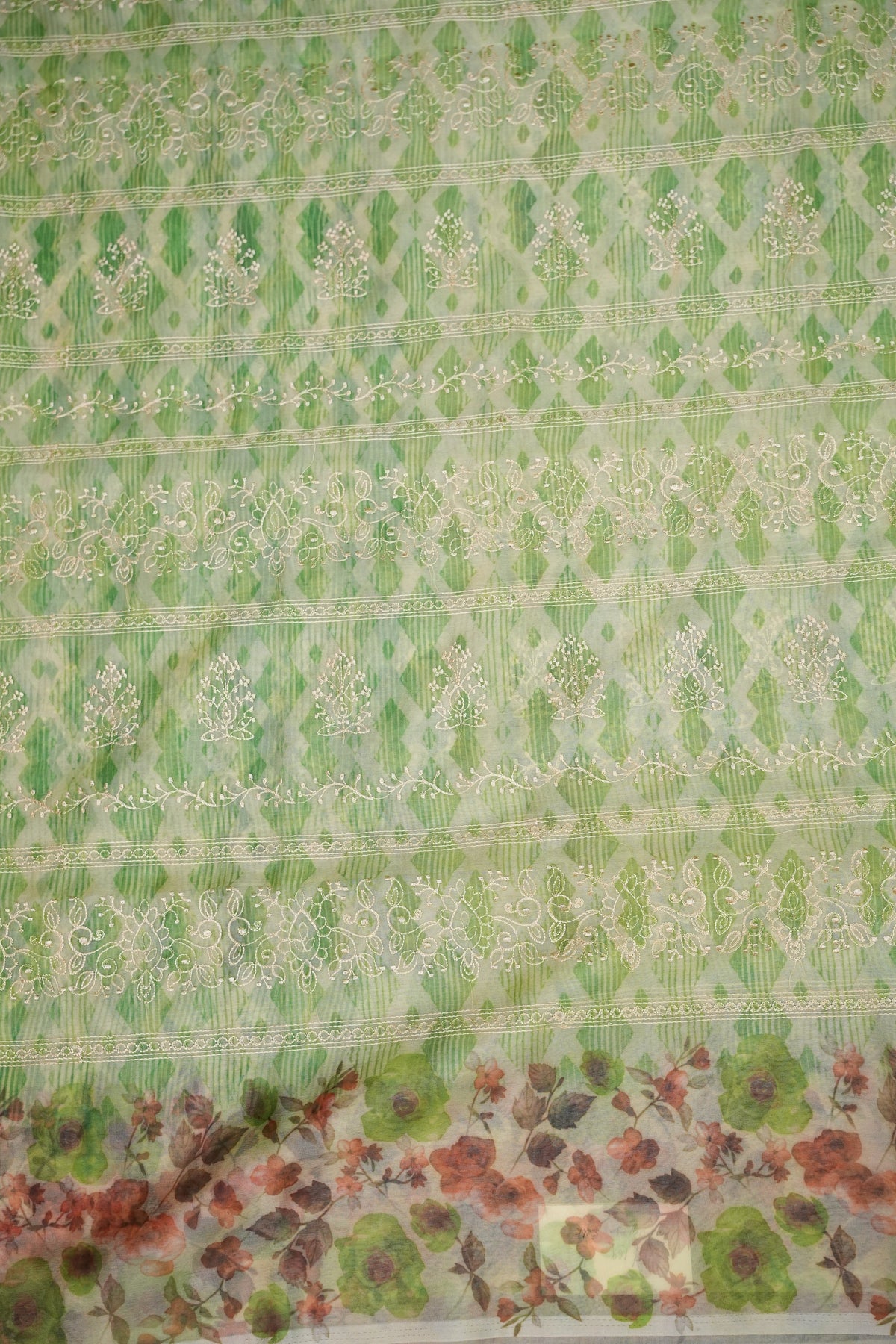 Soft Organza Glass Tissue Saree with Embroidered Floral Design – Leaf Green