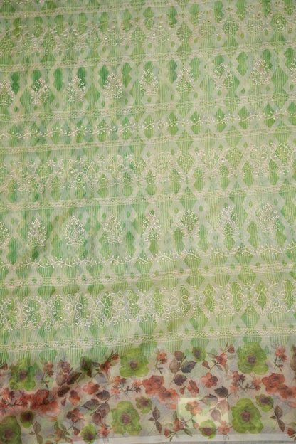 Soft Organza Glass Tissue Saree with Embroidered Floral Design – Leaf Green