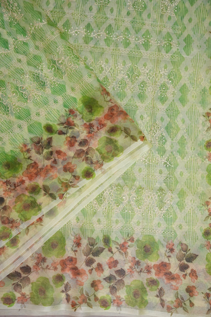Soft Organza Glass Tissue Saree with Embroidered Floral Design – Leaf Green