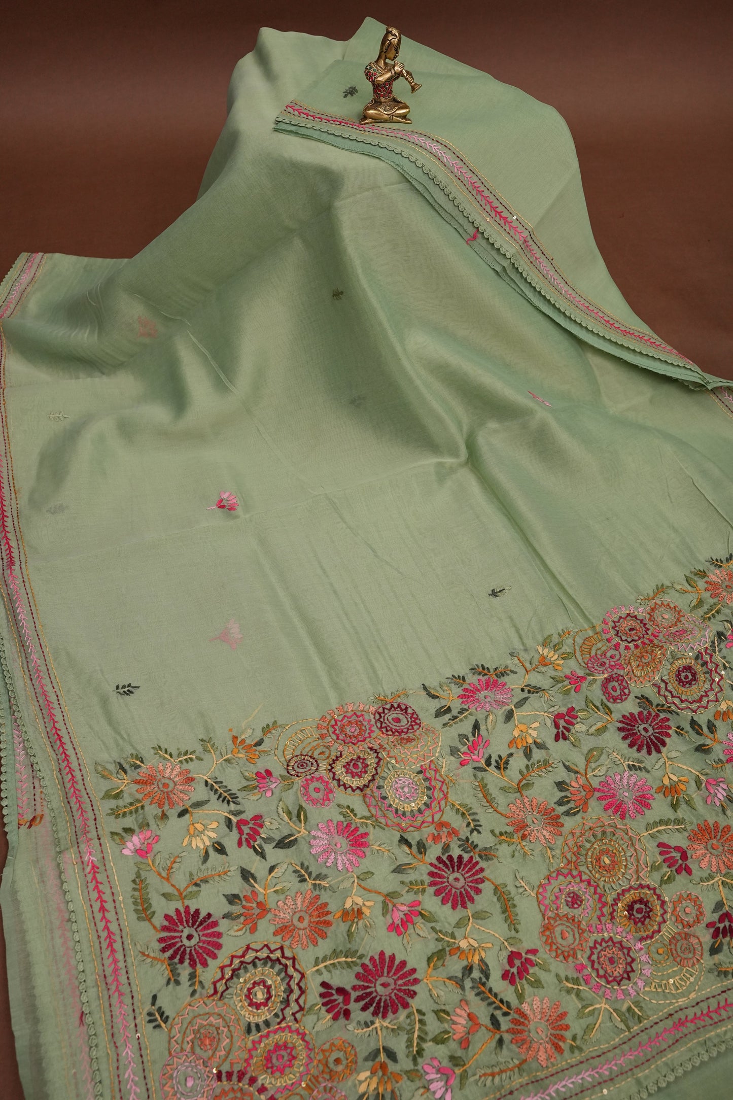 Embroidered Jute Linen Saree - Sage Green
