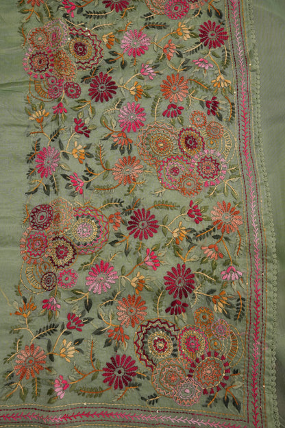 Embroidered Jute Linen Saree - Sage Green
