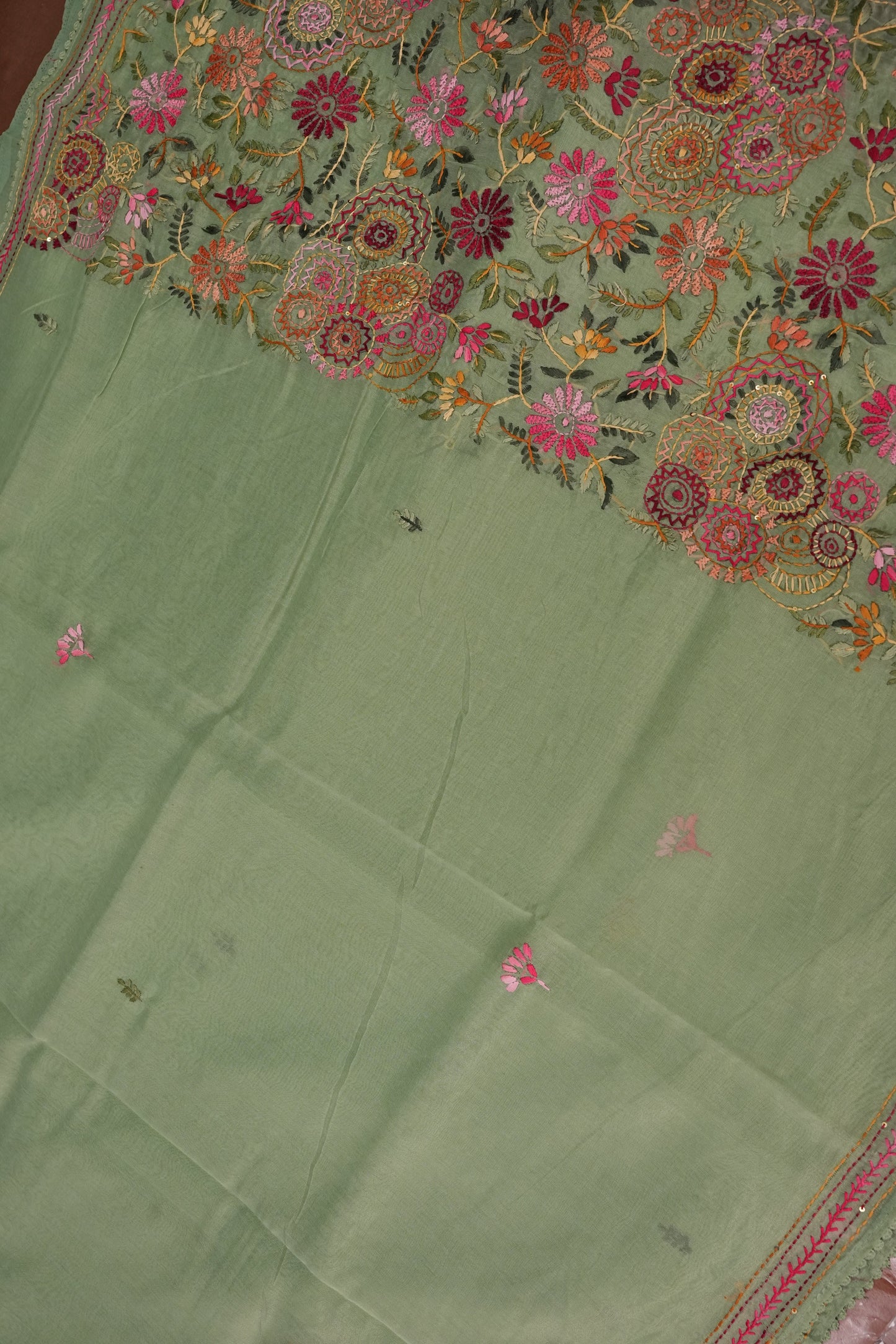 Embroidered Jute Linen Saree - Sage Green