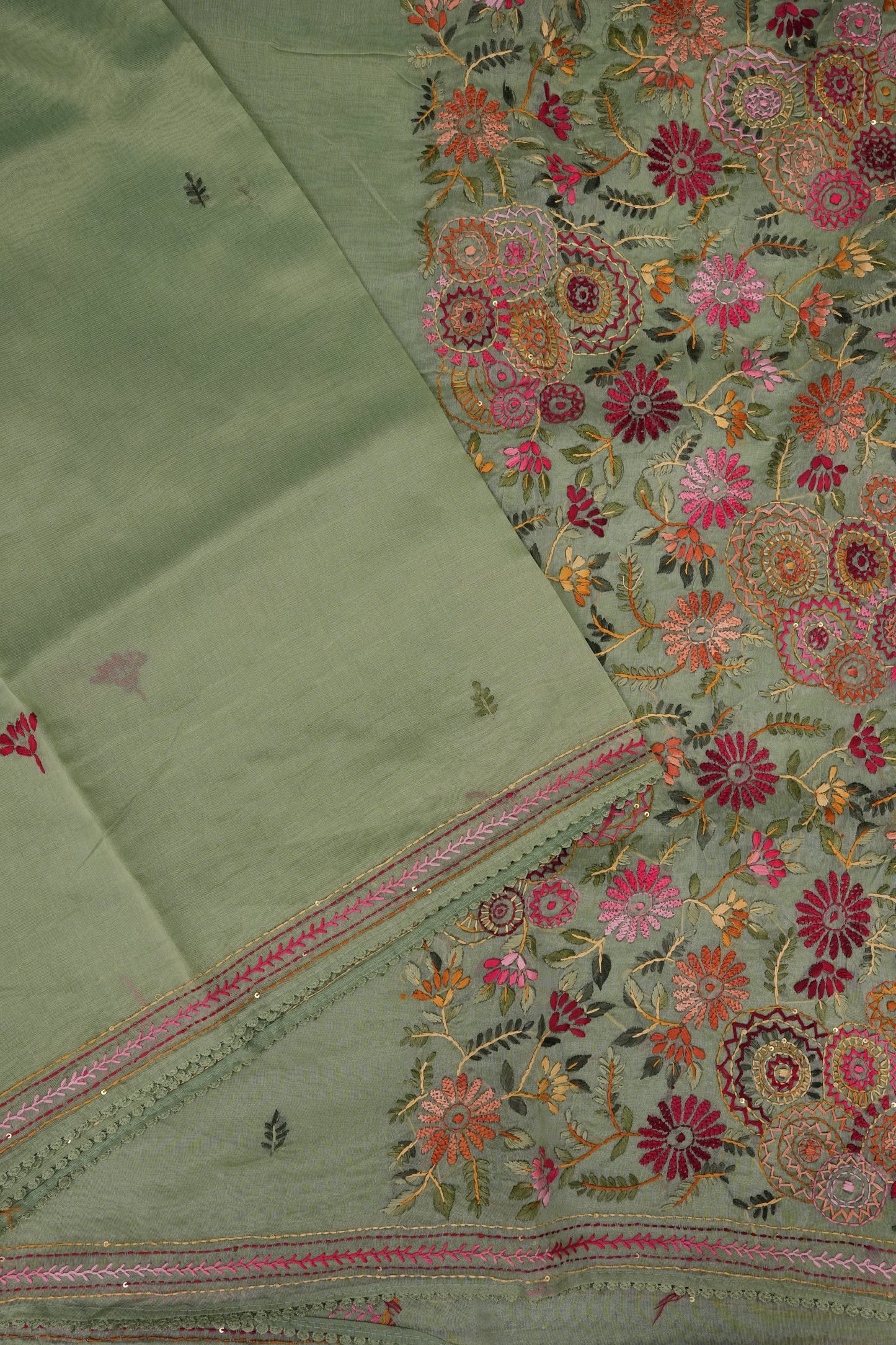 Embroidered Jute Linen Saree - Sage Green