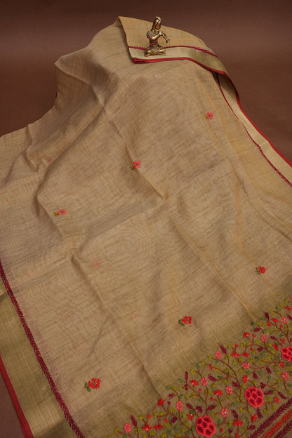 Embroidered Jute Linen Saree - Gold Beige