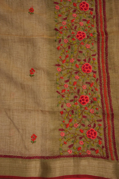 Embroidered Jute Linen Saree - Gold Beige
