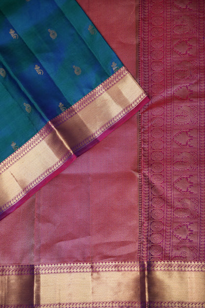 Peacock Blue & Purple Pure Kanchipuram Silk Saree|Silk Mark Certified