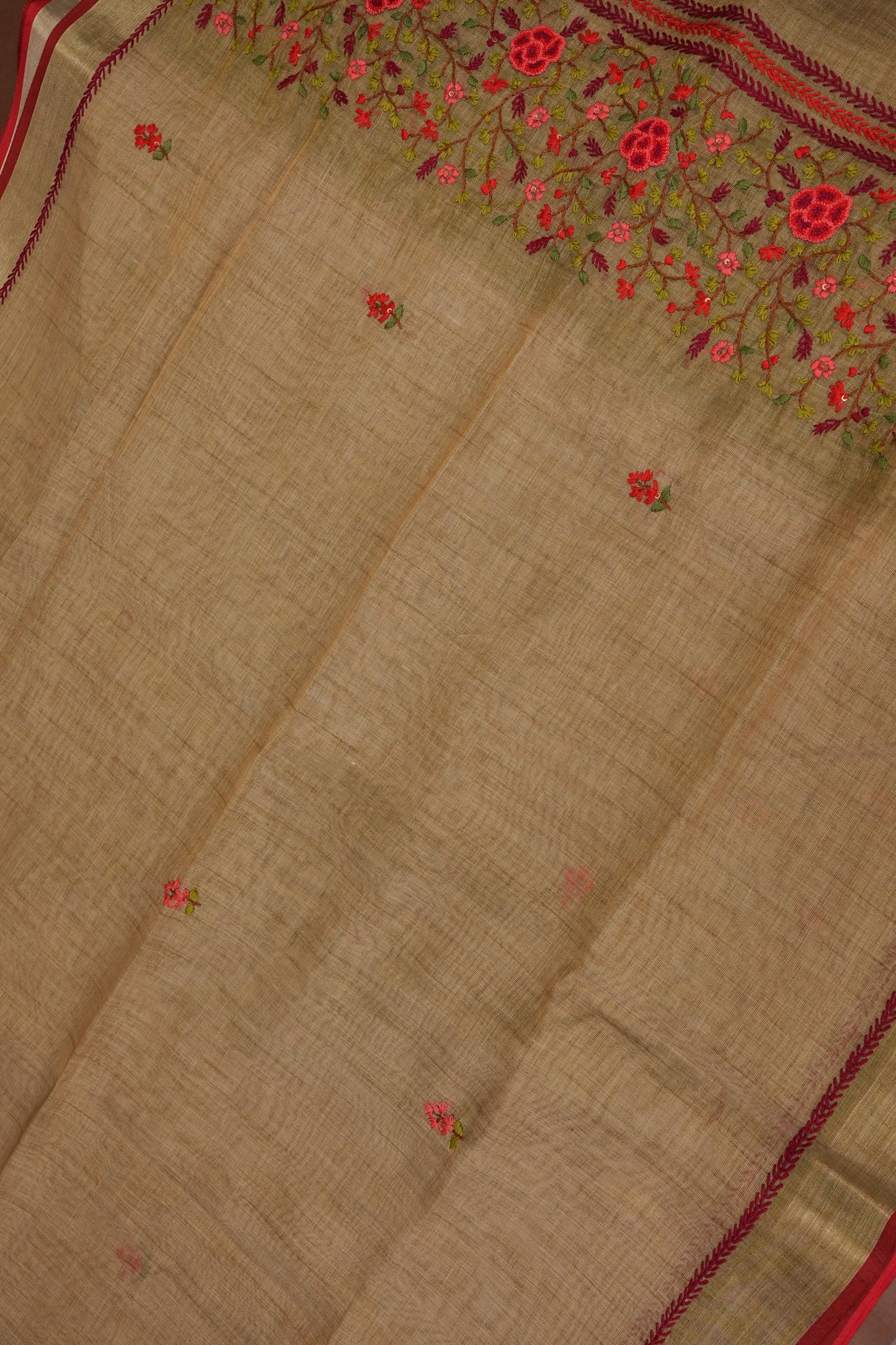 Embroidered Jute Linen Saree - Gold Beige