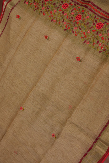Embroidered Jute Linen Saree - Gold Beige