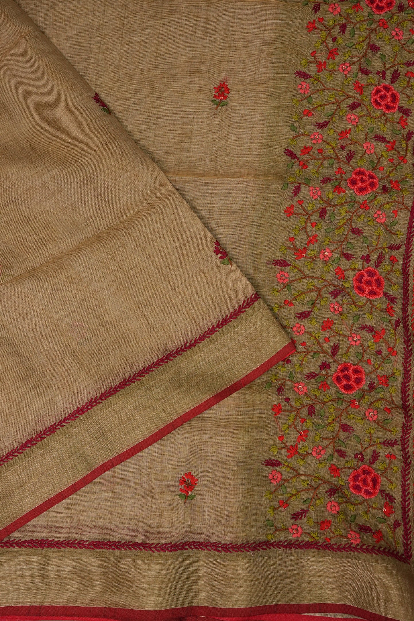 Embroidered Jute Linen Saree - Gold Beige