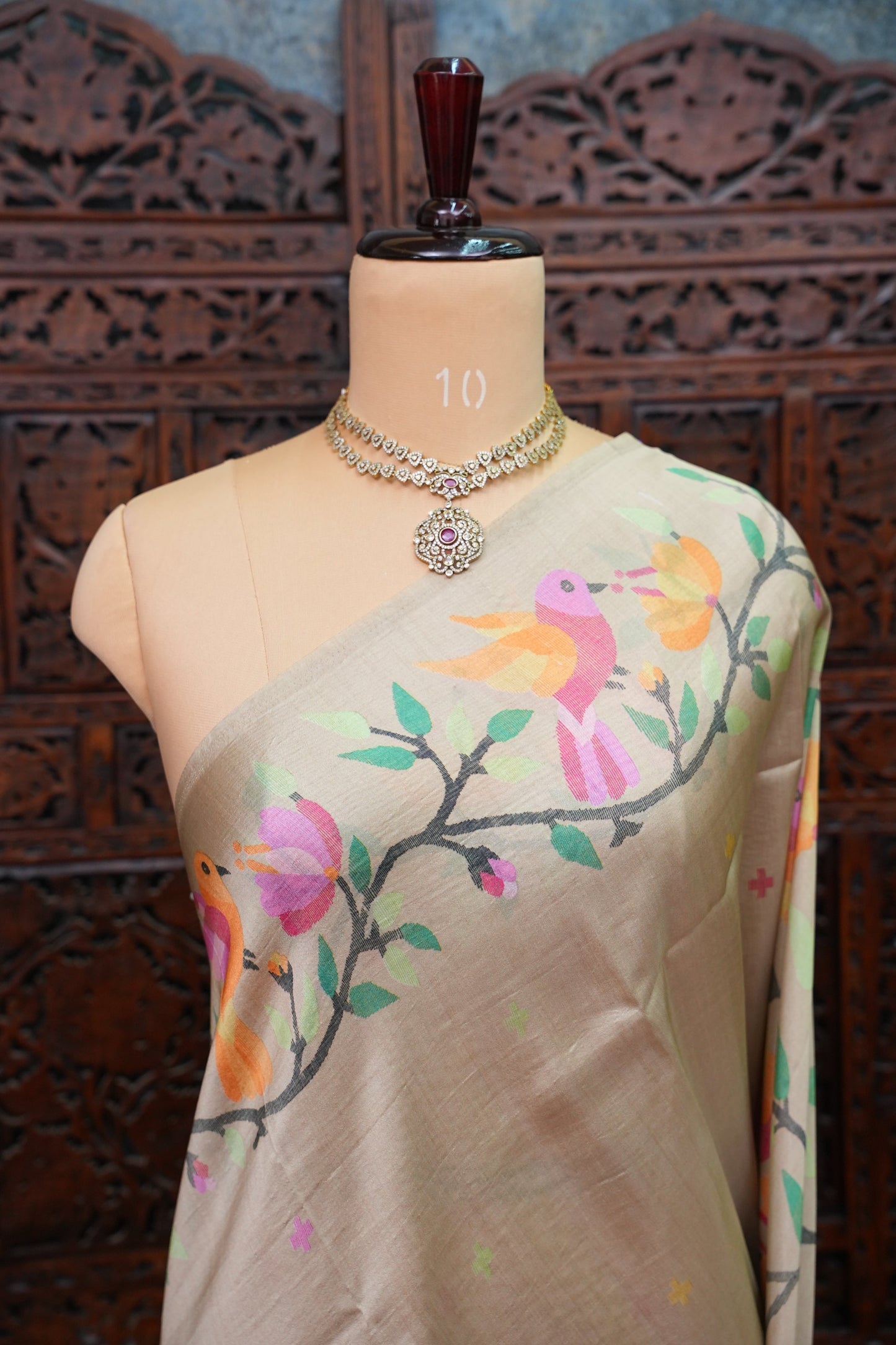 Tussar Silk Saree with Bird & Floral Kalamkari Digital Print – Beige Gold