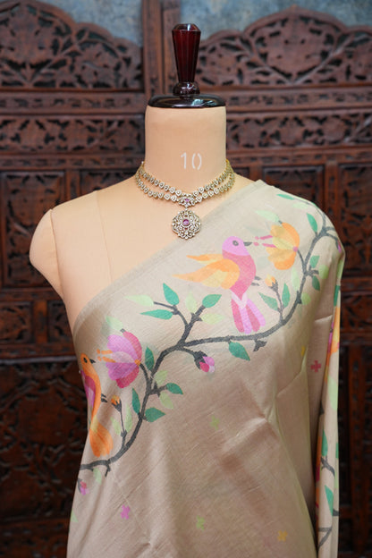 Tussar Silk Saree with Bird & Floral Kalamkari Digital Print – Beige Gold