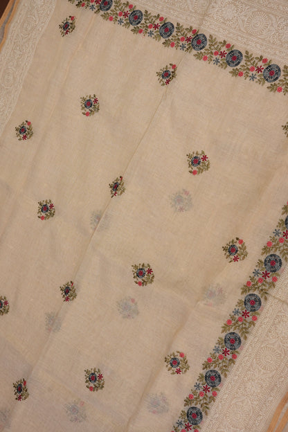 Embroidered Jute Linen Saree - Half White