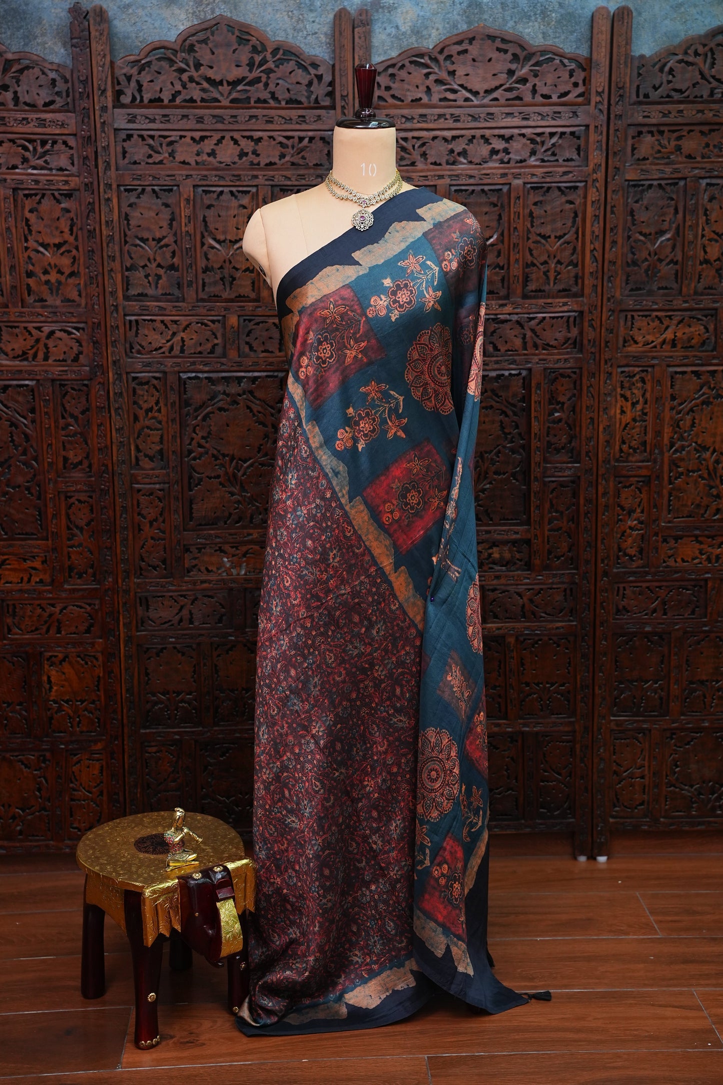 Tussar Silk Saree with Vintage Kalamkari Digital Print – Midnight Blue