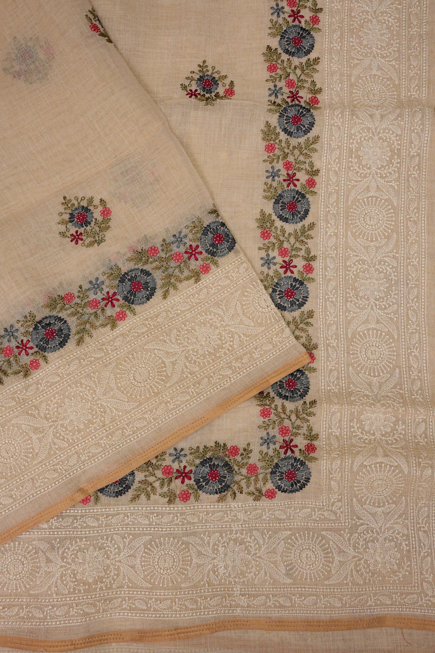 Embroidered Jute Linen Saree - Half White