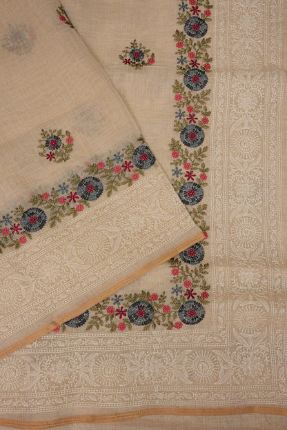 Embroidered Jute Linen Saree - Half White