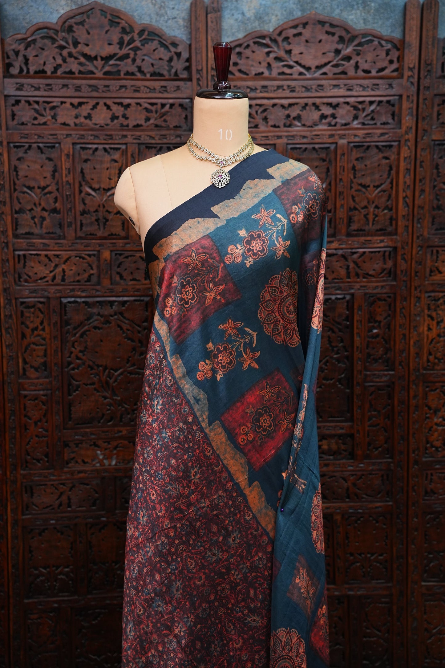 Tussar Silk Saree with Vintage Kalamkari Digital Print – Midnight Blue