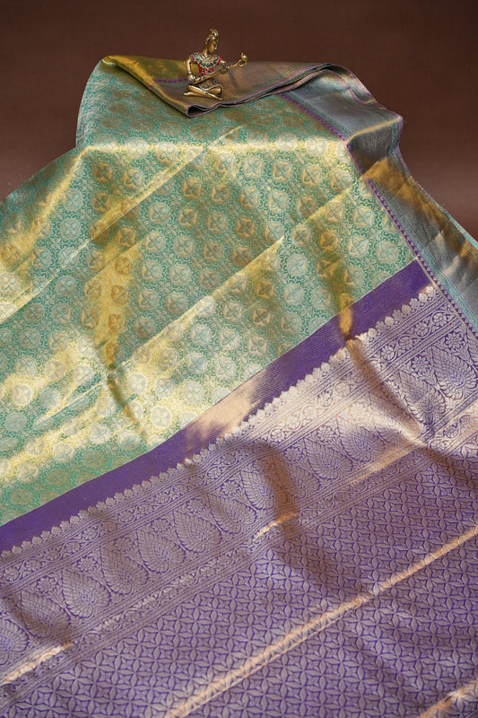 Olive Green & Royal Violet Pure Tissue Kanchipuram Silk Saree|Silk Mark Certified