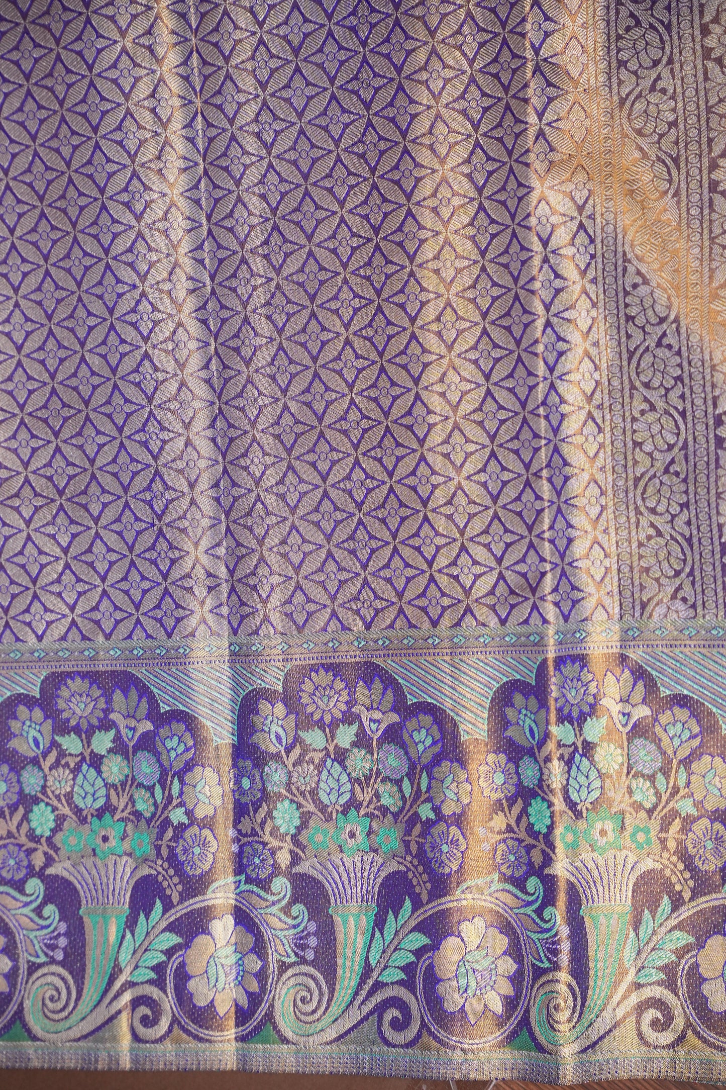 Olive Green & Royal Violet Pure Tissue Kanchipuram Silk Saree|Silk Mark Certified