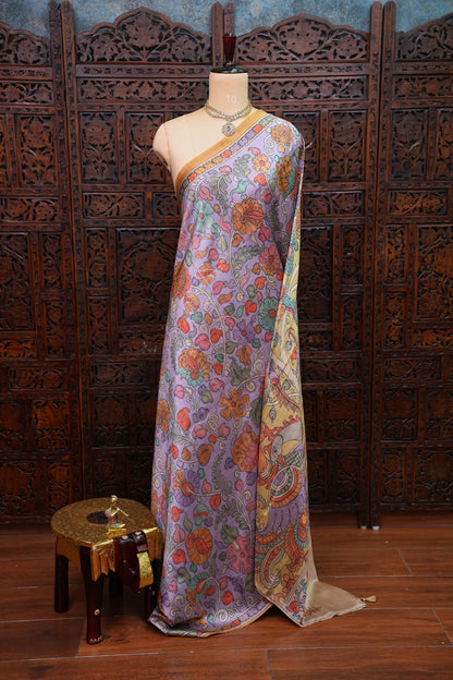 Tussar Silk Saree with Floral Kalamkari Digital Print – Lavender
