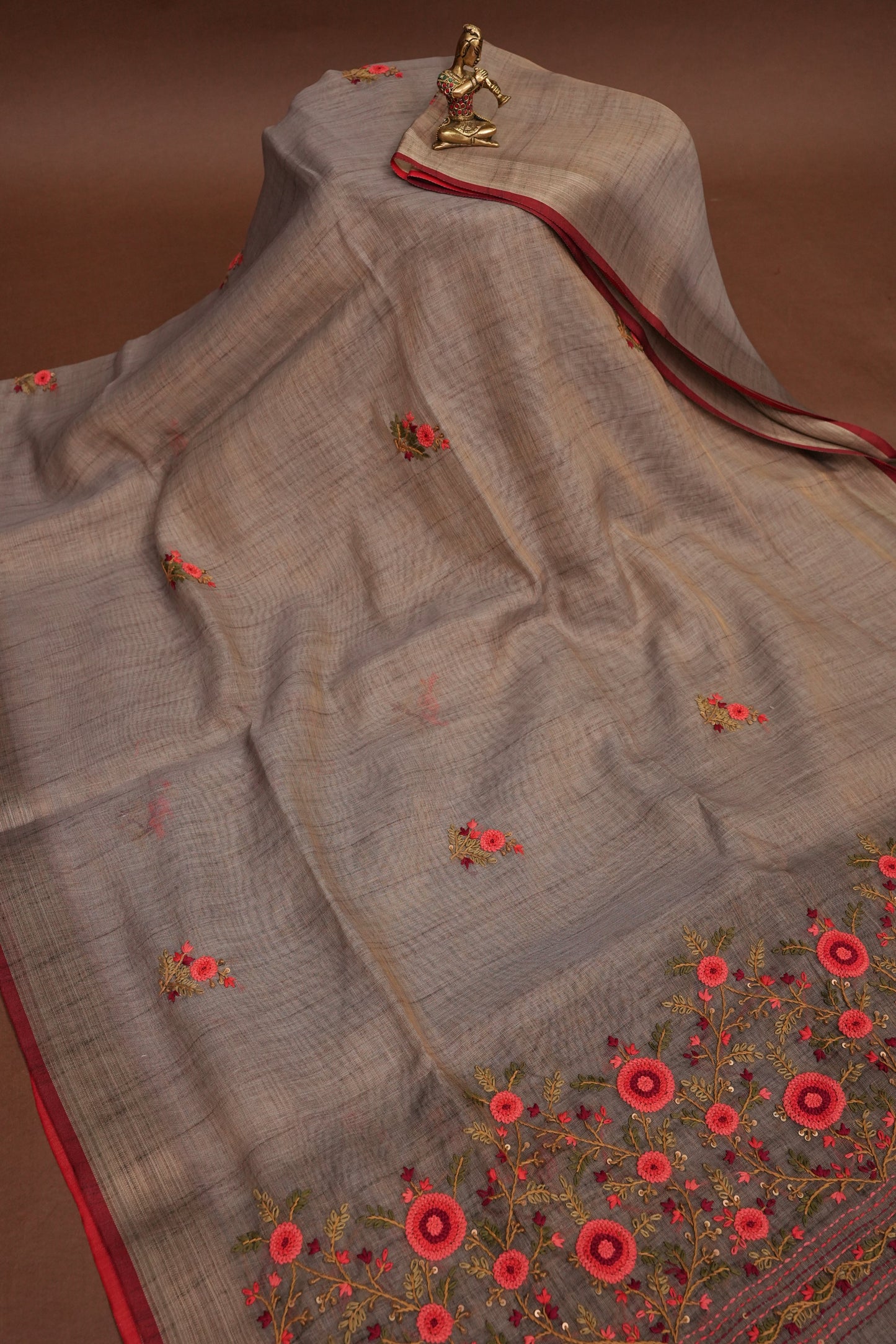 Embroidered Jute Linen Saree - Grey with Purple Undertone