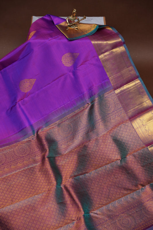 Purple & Teal Pure Kanchipuram Silk Saree|Silk Mark Certified