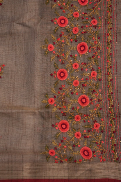 Embroidered Jute Linen Saree - Grey with Purple Undertone