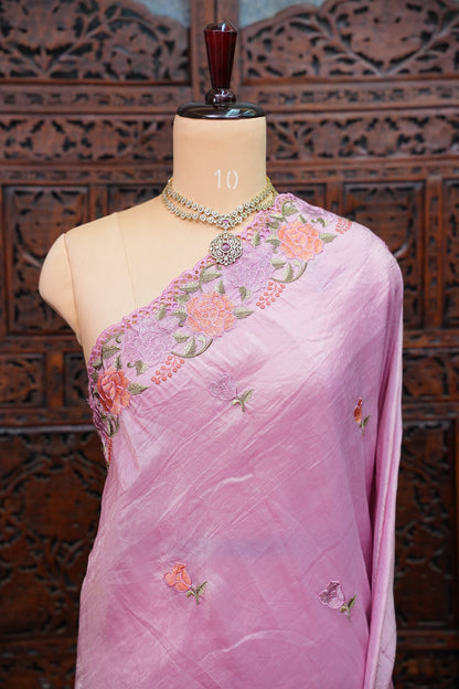 Soft Organza Glass Tissue Saree with Floral Cutwork Embroidery – Baby Pink