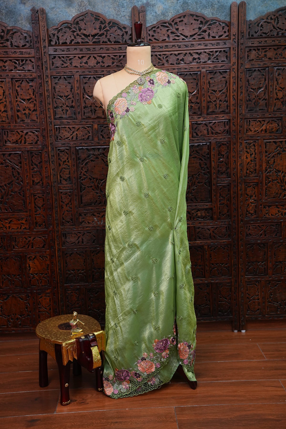 Soft Organza Glass Tissue Saree with Floral Cutwork Embroidery – Green