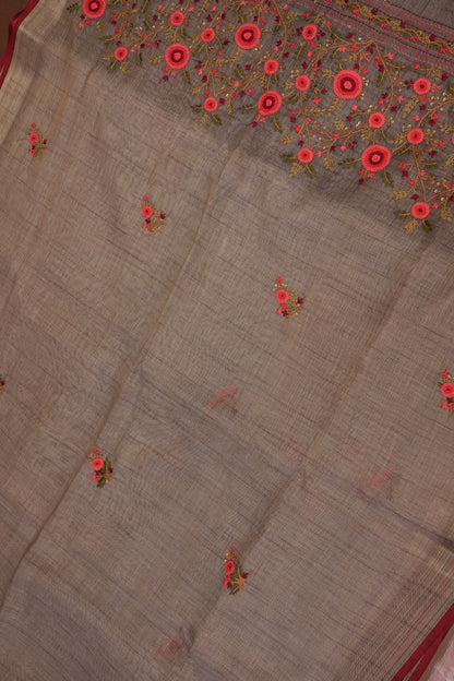 Embroidered Jute Linen Saree - Grey with Purple Undertone