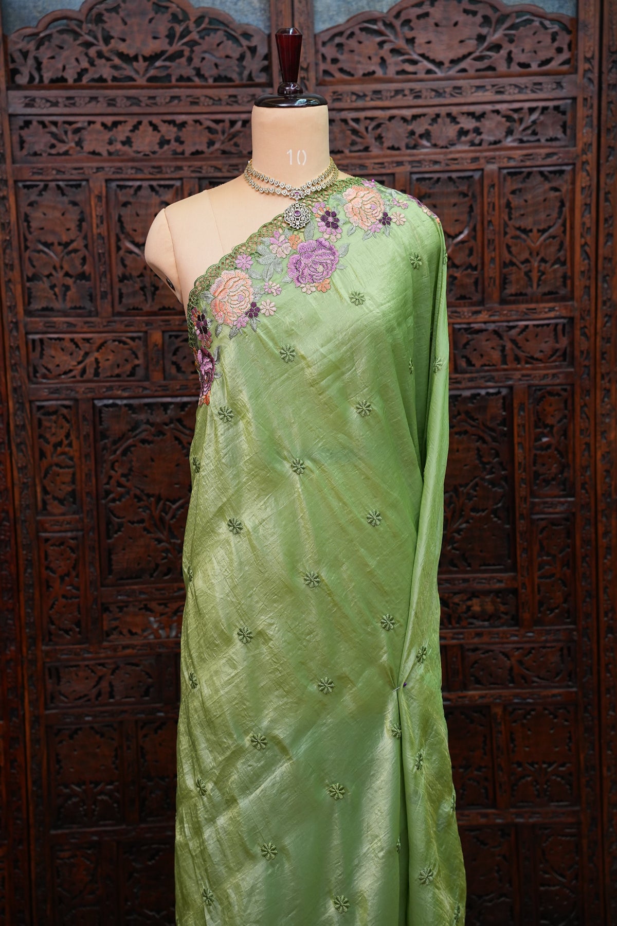 Soft Organza Glass Tissue Saree with Floral Cutwork Embroidery – Green