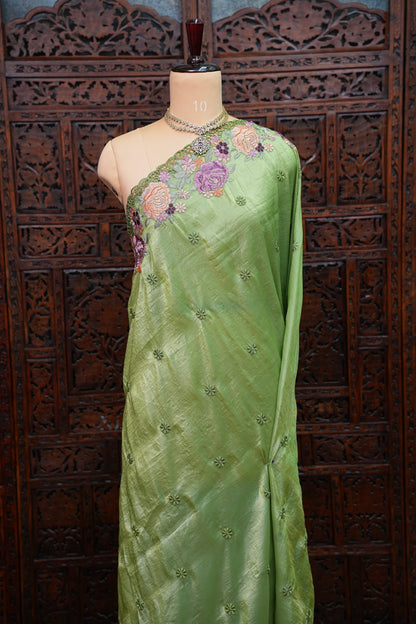 Soft Organza Glass Tissue Saree with Floral Cutwork Embroidery – Green