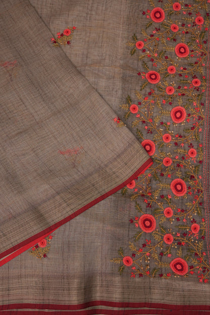 Embroidered Jute Linen Saree - Grey with Purple Undertone