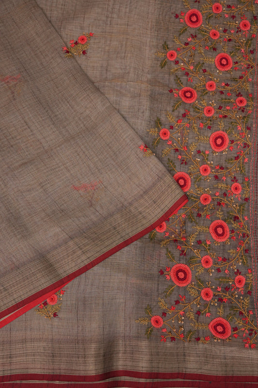 Embroidered Jute Linen Saree - Grey with Purple Undertone