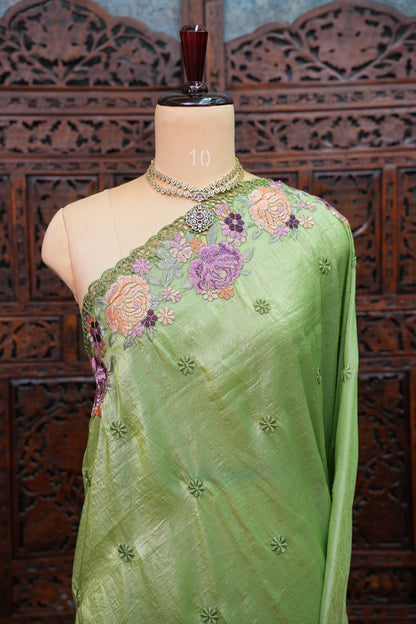 Soft Organza Glass Tissue Saree with Floral Cutwork Embroidery – Green