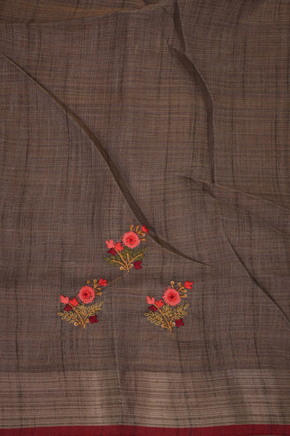 Embroidered Jute Linen Saree - Grey with Purple Undertone