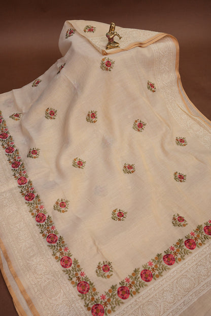 Embroidered Jute Linen Saree - Half White with Peach Undertone