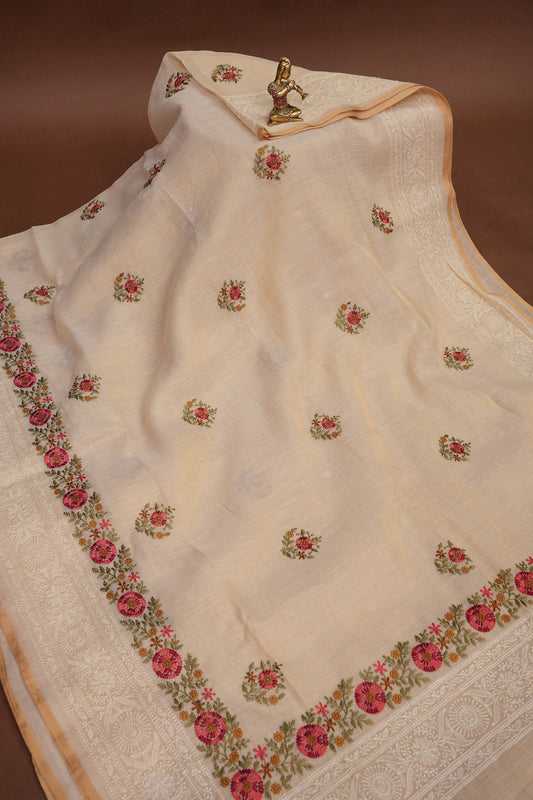 Embroidered Jute Linen Saree - Half White with Peach Undertone