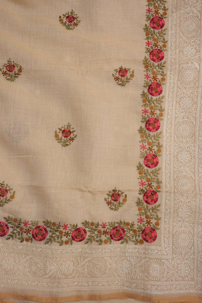 Embroidered Jute Linen Saree - Half White with Peach Undertone
