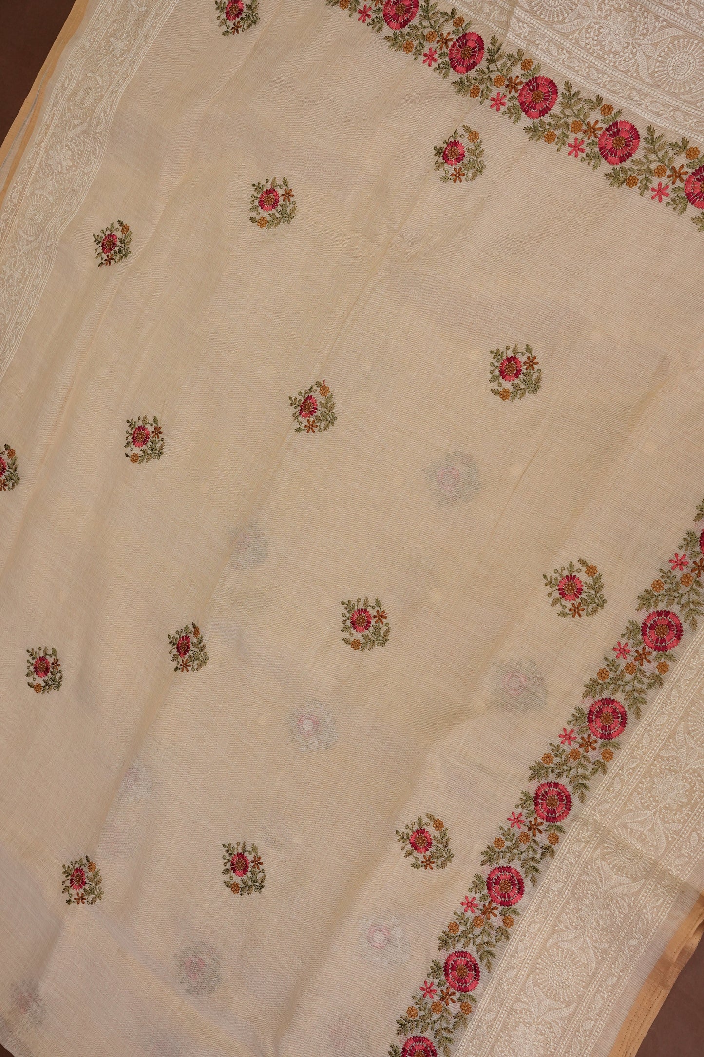 Embroidered Jute Linen Saree - Half White with Peach Undertone