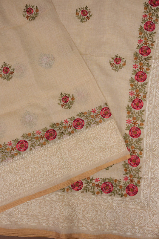 Embroidered Jute Linen Saree - Half White with Peach Undertone