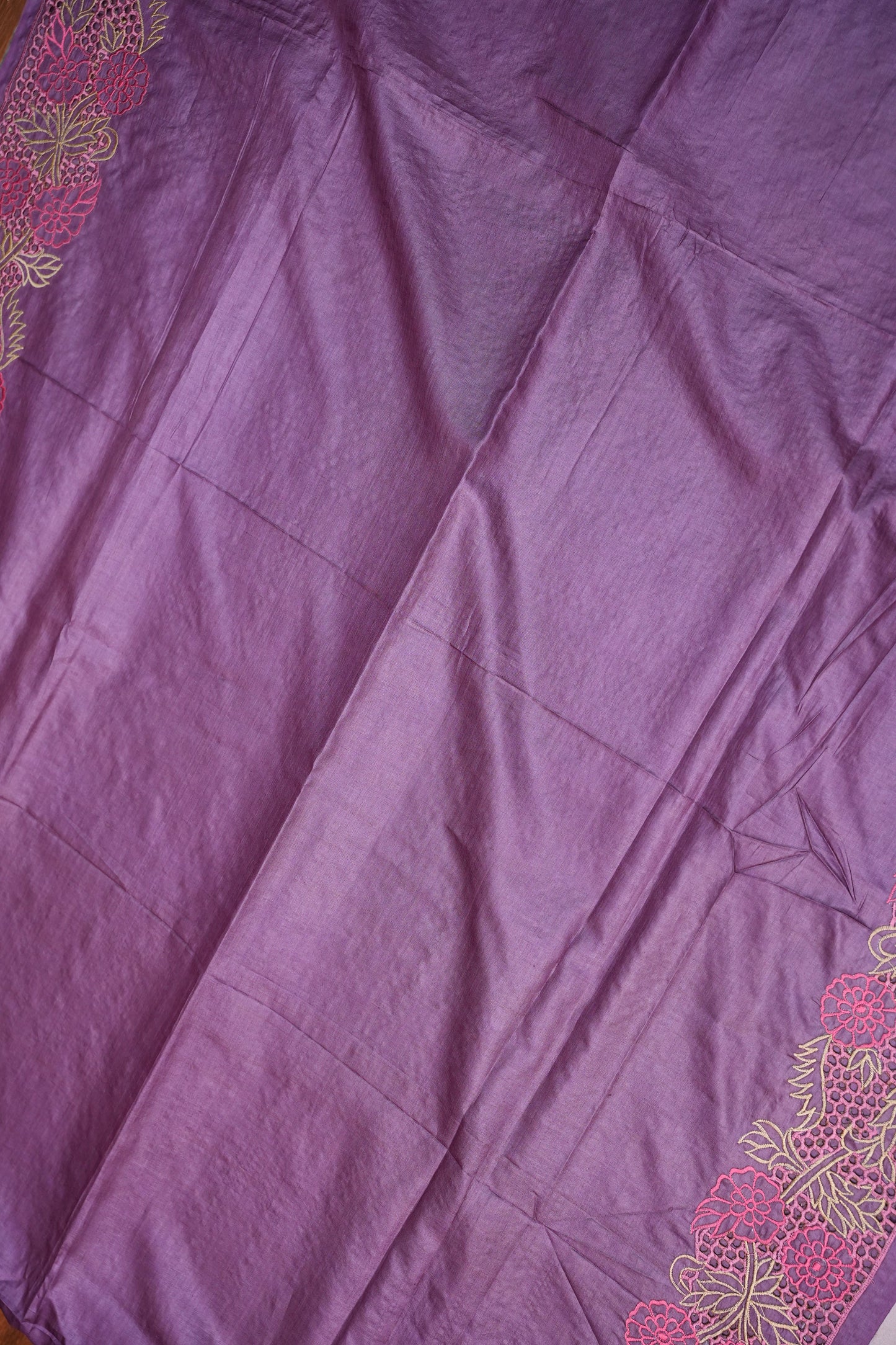 Pure Tussar Silk Saree with Floral Cutwork Embroidered Borders – Purple