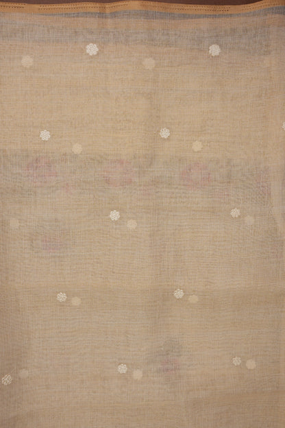 Embroidered Jute Linen Saree - Half White with Peach Undertone