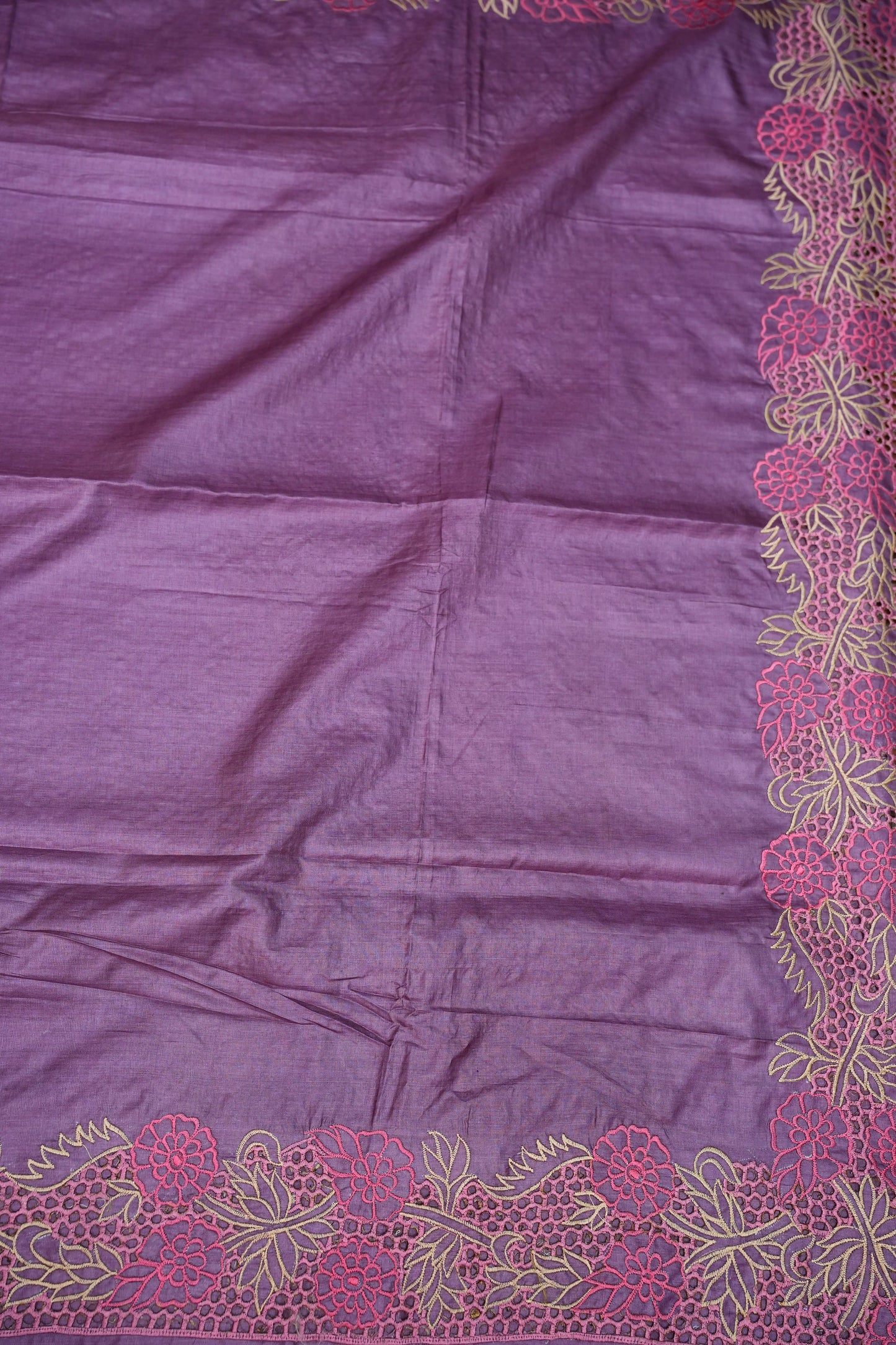 Pure Tussar Silk Saree with Floral Cutwork Embroidered Borders – Purple