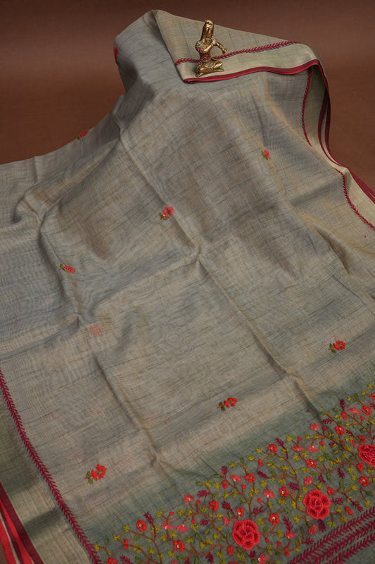 Embroidered Jute Linen Saree - Grey with Blue Undertone