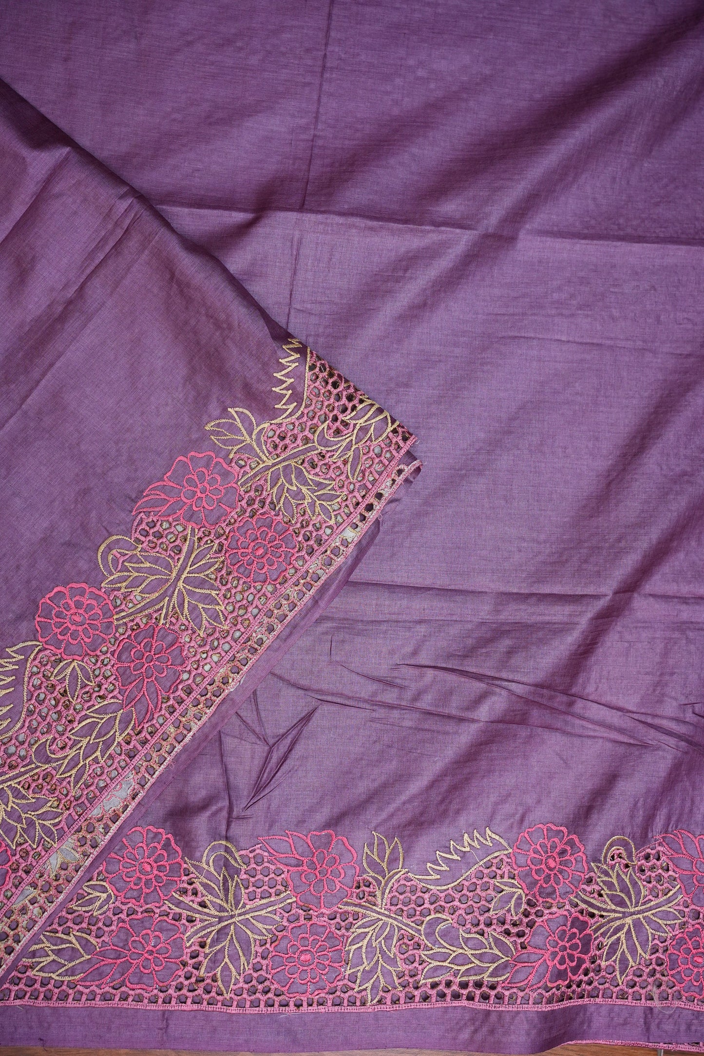 Pure Tussar Silk Saree with Floral Cutwork Embroidered Borders – Purple