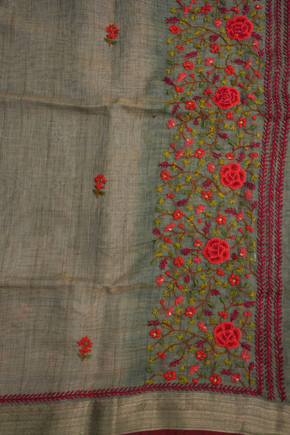 Embroidered Jute Linen Saree - Grey with Blue Undertone